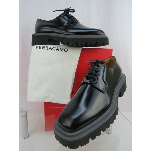 NIB FERRAGAMO FLICKER BLACK LEATHER LOGO PLATFORM LUG SOLE OXFORDS 8.5 M - Picture 6 of 16